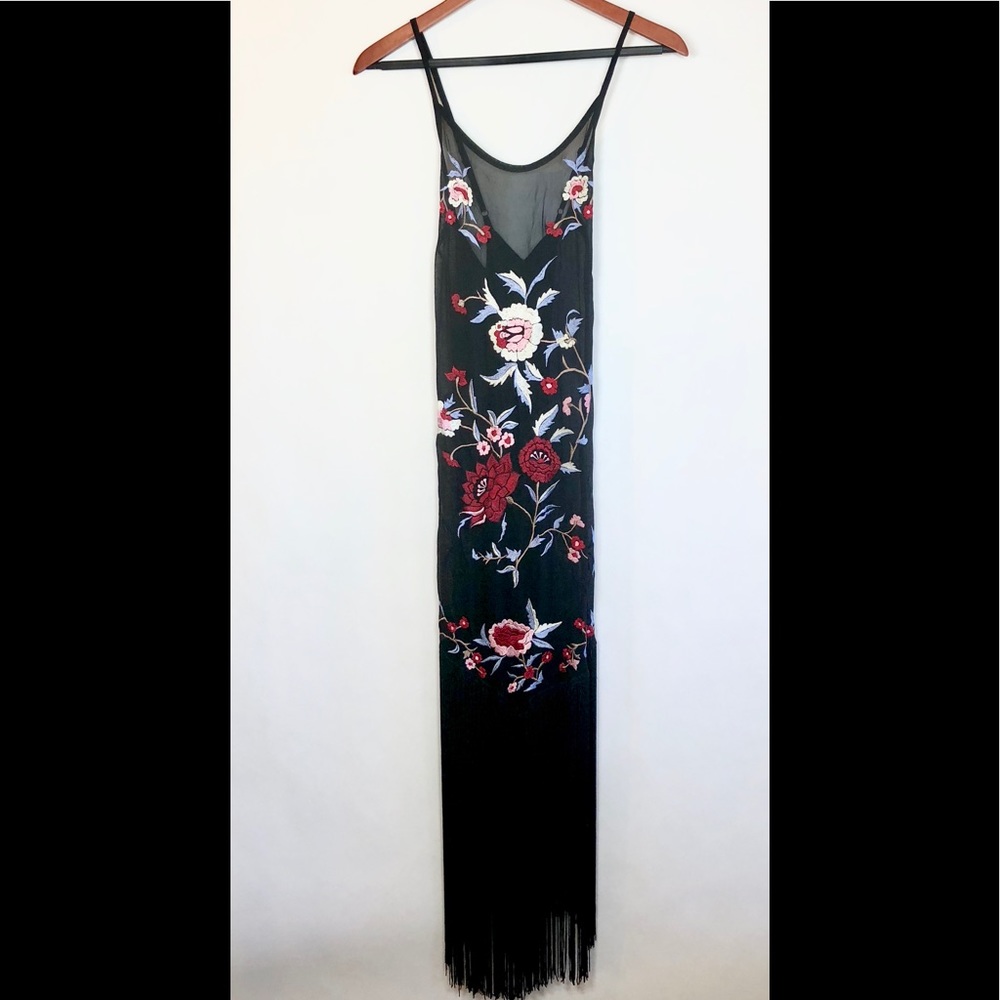 Vintage Floral Embroidered Fringe Chiffon Dress